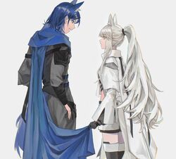  1boy animal_ear_fluff animal_ears arknights black_gloves black_pants black_shirt blue_cape blue_hair cape cape_tug chinese_commentary chromatic_aberration commentary_request cowboy_shot female gloves grey_background height_difference high_collar highres kinno0515 long_hair long_sleeves looking_at_another open_mouth pants platinum_(arknights) ponytail profile roy_(arknights) shirt short_hair shorts simple_background standing strap white_hair white_shorts yellow_eyes 