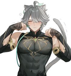  1boy abs alhaitham_(genshin_impact) alpaitham animal_ears black_shirt black_sleeves cat_boy cat_ears cat_tail closed_eyes genshin_impact gloves grey_hair grey_tail hair_between_eyes hair_over_one_eye hands_up highres male_focus multicolored_hair muscular muscular_male navel nyan shirt short_hair solo tail white_background 