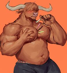  1boy animal_ears bara black_shorts blush body_fur brown_fur brown_hair closed_eyes cow_boy cow_ears cow_horns cowboy_shot english_commentary food food_between_pectorals furry furry_male grabbing grabbing_own_pectoral hair_over_eyes hands_up highres holding holding_food horns large_pectorals male_focus male_underwear male_underwear_peek muscular muscular_male orange_background original papyuuno pectoral_grab pectorals plump pocky pocky_day short_hair shorts simple_background solo sparse_navel_hair topless_male underwear very_short_hair 