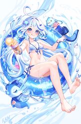  :q ahoge bare_shoulders barefoot bikini blue_eyes blue_nails blush female food furina_(genshin_impact) genshin_impact hair_ornament holding holding_food ice_cream lalazyt leisurely_otter_(genshin_impact) long_hair looking_at_viewer nail_polish navel no_headwear seashell shell smile solo star_(symbol) star_hair_ornament stomach swimsuit thighs toenail_polish toenails tongue tongue_out very_long_hair white_bikini white_hair 