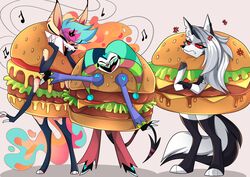  absurd_res anthro burger burger_costume canid canid_demon canine cheeseburger_costume chizitx clothing costume demon female fizzarolli_(helluva_boss) food food_costume fox group hellhound helluva_boss hi_res imp loona_(helluva_boss) male mammal mythological_canine mythological_creature mythology queen_bee-lzebub_(helluva_boss) trio 