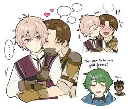  !? alm_(fire_emblem) black_hair blush brown_hair clueless dark-skinned_male dark_skin fire_emblem fire_emblem_echoes:_shadows_of_valentia gray_(fire_emblem) green_hair grey_hair heart hug hug_from_behind kissing kissing_cheek kliff_(fire_emblem) maji_(majibomber) speech_bubble tobin_(fire_emblem) yaoi 