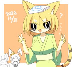  3girls :3 ? animal_ears black_sclera blonde_hair breasts chinese_zodiac cleavage colored_sclera colored_skin commentary_request cowboy_shot crown double_v ear_through_crown furry furry_female green_kimono green_sash highres japanese_clothes kimono lets0020 looking_at_viewer medium_bangs medium_breasts multiple_girls neck_fur obi open_mouth orange_background original rabbit_ears rabbit_girl sash short_hair simple_background smile solo_focus tail tiger_ears tiger_girl tiger_tail towel towel_on_head two-tone_background v white_background white_eyes white_skin year_of_the_rabbit year_of_the_tiger yellow_skin 