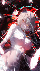  absurdres breasts broken_glass chimera commentary_request dungeon_meshi dutch_angle falin_touden falin_touden_(chimera) feathers female glass glass_shards grin highres large_breasts looking_at_viewer monster_girl monsterification navel shards short_hair smile solo sushispin underboob white_feathers white_hair yellow_eyes 