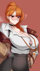  absurdres black_bra black_choker bra bra_peek breasts brown_coat bursting_breasts choker closed_mouth coat collarbone collared_shirt drunktatsu earrings eyelashes female glasses grey_skirt hair_over_shoulder highres hoop_earrings huge_breasts indie_virtual_youtuber jewelry lanyard mako_fukasame mole mole_on_breast mole_under_eye multicolored_hair open_clothes open_coat orange_hair ponytail red_hair semi-rimless_eyewear shirt skirt solo sound_effects streaked_hair underwear virtual_youtuber white_shirt 