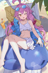  absurdres ahoge ass barefoot beach bikini blue_archive blush breasts collarbone day dream_of_pears drink drinking_straw eyewear_on_head female frilled_bikini frills hair_bobbles hair_ornament halo highres hoshino_(blue_archive) hoshino_(swimsuit)_(blue_archive) long_hair low_twintails navel oerba_yun_fang one_eye_closed open_mouth outdoors pink_hair pink_halo skin_fang small_breasts solo sunglasses swimsuit toes twintails white_bikini yellow_eyes 