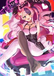  bare_shoulders black_skirt black_thighhighs blush breasts chair chest_harness commentary crossed_legs demon_girl demon_horns demon_wings english_commentary feet female harness heart highres horns indie_virtual_youtuber ironmouse ironmouse_(15th_costume) jacket large_breasts low_wings multicolored_hair multiple_wings no_shoes oerba_yun_fang open_clothes open_jacket open_mouth pantyhose pink_hair pink_jacket pink_pantyhose pink_shirt pink_wings pointy_ears purple_eyes purple_hair red_wings sahara1127 shirt single_leg_pantyhose sitting skirt solo streaked_hair thighhighs toes twintails two-tone_hair virtual_youtuber w wings 