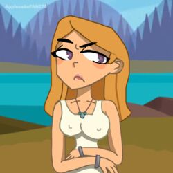  2023 annoyed_expression applecake279 background bangle bangles black_eyebrows blonde_female blonde_hair blush breasts cat_eyes collarbone eyebrow_raise eyebrows female julia_(tdi) light_skin lip_gloss necklace necklace_between_breasts pointy_nose purple_eyes serious serious_look shading side_hair straight_hair total_drama_(series) total_drama_island total_drama_island_(2023) visible_nipples white_top 