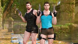  2boys 2humans 2males 3d 3d_(artwork) 3d_model blue_eyes brown_eyes brown_hair capcom chris_redfield dual_wielding duo duo_focus firearms gun guns lara_croft_(cosplay) male/male male_focus male_only maxvlasov outdoors piers_nivans resident_evil resident_evil_6 short_shorts tomb_raider 