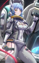  astronaut blue_hair bodysuit breasts cleavage girls&#039;_frontline headphones helmet highres leotard long_hair medium_breasts shiraitoart983 skin_tight solo space space_helmet tar-21_(girls&#039;_frontline) white_bodysuit yellow_eyes 