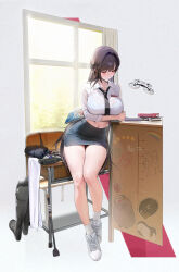  black_necktie blue_bra boots bra bra_visible_through_clothes covered_groin cropped_shirt desk dfm_(darknessdfm) drone fanning_face female goddess_of_victory:_nikke highres holding holding_notebook marciana_(nikke) marciana_(school_days)_(nikke) name_tag navel_piercing necktie notebook official_alternate_costume on_desk pencil_skirt piercing see-through see-through_shirt shirt skirt sleeves_rolled_up solo sticker underwear unworn_boots wet wet_clothes wet_shirt white_sneakers 