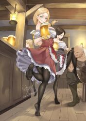  1boy 3girls absurdres apron bare_shoulders barmaid beer_mug black_pantyhose blonde_hair blue_eyes boots breasts brown_hair counter cup detached_sleeves dress faceless faceless_male feet foot_on_another&#039;s_thigh frills hashtag-only_commentary highres holding holding_cup indoors kneepits lamp large_breasts long_hair looking_at_viewer low_ponytail mbr90munouk mug multiple_girls no_shoes original pantyhose puffy_short_sleeves puffy_sleeves short_sleeves signature smile soles standing standing_on_one_leg strapless strapless_dress tavern tiptoes toe_seam toes twitter_username waist_apron wooden_beam wooden_floor 