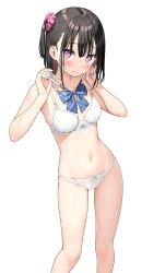  black_hair blush bow bowtie bra cowboy_shot embarrassed hair_ornament hair_scrunchie highres kantoku lingerie navel nervous_smile one_side_up original panties pink_eyes removing_bowtie scrunchie shizuku_(kantoku) smile underwear undressing wet wet_bra wet_clothes wet_panties white_background white_bra white_panties 