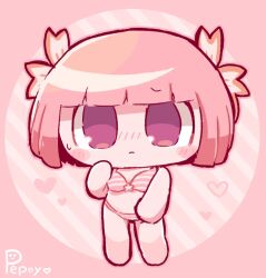  alternate_costume bikini chibi embarrassed female flower hair_flower hair_ornament hand_on_own_cheek hand_on_own_face pepoyo pink_eyes pink_hair short_hair striped_bikini striped_clothes swimsuit tagme vocaloid vy1 