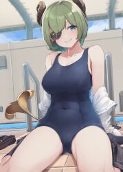  atsushima black_one-piece_swimsuit blue_eyes blush breasts brown_footwear brown_horns clean commentary_request covered_navel demon_girl demon_horns demon_tail eyepatch female full_body green_hair grin horns indoors large_breasts looking_at_viewer medium_bangs nanashi_inc. one-piece_swimsuit pool_ladder poolside sekishiro_mico shoes short_hair sitting smile solo swimsuit tail unworn_shoes virtual_youtuber wariza 