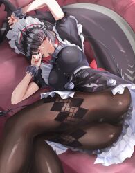  absurdres black_hair breasts brown_pantyhose commentary ellen_joe female fingernails fins fish_tail highres looking_at_viewer lying maid maid_headdress medium_breasts mole mole_on_arm mole_under_eye multicolored_hair nail_polish noa_(skae3323) on_side one_eye_closed pantyhose red_hair red_nails shark_girl shark_tail short_hair short_sleeves solo tail two-tone_hair waking_up zenless_zone_zero 