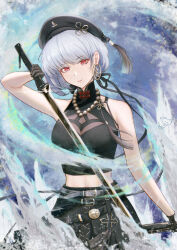  artist_logo bare_shoulders belt beret black_belt black_gloves black_hat black_ribbon black_shirt black_skirt breasts cleavage commentary cowboy_shot earrings english_commentary female gloves grey_belt hair_ribbon hat high-waist_skirt highres holding holding_sword holding_weapon hoop_earrings jewelry large_breasts long_ribbon looking_at_viewer midriff mole mole_under_eye multiple_belts parted_lips red_eyes ribbon riq_semak sanhua_(wuthering_waves) see-through see-through_cleavage shirt skirt smile solo sword unsheathed weapon white_hair wuthering_waves 