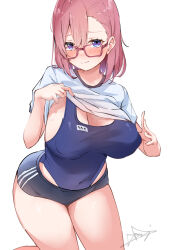  2.5_jigen_no_ririsa amano_ririsa blue_buruma blush breasts buruma closed_mouth clothes_lift commentary_request covered_navel covered_nipples female glasses gym_uniform hair_between_eyes highres huge_breasts lifting_own_clothes looking_at_viewer medium_hair pink-framed_eyewear pink_hair purple_eyes school_swimsuit shirt shirt_lift short_sleeves signature simple_background solo sweat swimsuit swimsuit_under_clothes thighs white_background white_shirt xlyami 