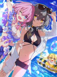  3girls arm_up bikini black_bikini blonde_hair blue_sky breasts bubble character_request eyewear_on_head frilled_bikini frills grey_hair hair_between_eyes holding_hands honkai:_star_rail honkai_(series) long_hair looking_at_another looking_at_viewer mamyouda march_7th_(honkai:_star_rail) medium_breasts medium_hair multicolored_eyes multiple_girls ocean oerba_yun_fang one_eye_closed open_clothes open_mouth open_shirt pink_hair ponytail shell shell_bikini shirt sky smile stelle_(honkai:_star_rail) sunglasses swim_ring swimsuit trailblazer_(honkai:_star_rail) water white_shirt yellow_eyes 