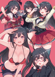  absurdres arm_up bikini black_hair braid breasts chase!_(love_live!) comiket_104 commentary_request cream_(nipakupa) feathers female glasses grey_eyes hat highres holding holding_microphone jacket large_breasts leaning_forward long_hair looking_at_viewer love_live! love_live!_nijigasaki_high_school_idol_club microphone multiple_views nakagawa_nana navel nijigasaki_school_uniform pointing pointing_at_viewer red-framed_eyewear red_background red_bikini red_hat red_skirt salute school_uniform single_braid skirt smile swimsuit white_jacket yuki_setsuna_(love_live!) zettai_ryouiki 