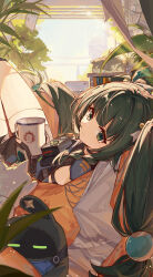  absurdres bare_shoulders cup feline female green_eyes green_hair highres holding holding_cup long_hair looking_at_viewer lying on_back qingyi_(zenless_zone_zero) smile solo thighs yajuu zenless_zone_zero 