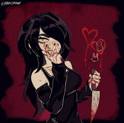  :q bent_v black_border black_hair black_nails black_tank_top blood blood_on_arm blood_on_chest blood_on_face blood_on_hands blood_on_knife blood_on_neck blush border breasts bright_pupils closed_mouth commentary detached_sleeves english_commentary female freckles hair_over_one_eye heart highres holding holding_knife julia_(the_coffin_of_andy_and_leyley) kitchen_knife knife long_hair long_sleeves looking_at_viewer marcieowo medium_breasts nail_polish red_background reverse_grip sleeves_past_wrists smile solo tank_top the_coffin_of_andy_and_leyley tongue tongue_out twitter_username upper_body v v_over_mouth white_pupils yandere yellow_eyes 