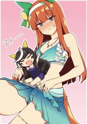  2girls alternate_costume anger_vein blue_eyes blunt_bangs blush breasts calstone_light_o_(umamusume) chibi commentary_request flat_chest flat_chest_joke headband highres horse_girl looking_at_viewer multiple_girls orange_hair school_swimsuit silence_suzuka_(emerald_on_the_waves)_(umamusume) silence_suzuka_(umamusume) solo swimsuit tracen_swimsuit umamusume wahiko_(black_bastard) 