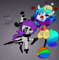  absurd_res balls black_body black_fur blue_hair clothing clown clown_costume clown_makeup clown_nose colored costume crystal_pony_(mlp) cutie_mark degrade digital_drawing_(artwork) digital_media_(artwork) duo earth_pony equid equine fan_character female female/female flower friendship_is_magic fur genitals hair hasbro headgear headwear hi_res horn horse mammal mime multicolored_hair my_little_pony mythological_creature mythological_equine mythology pierrot_costume plant pony purple_eyes purple_hair shiny_wish_(beastbeans) simple_background smile sosu-the-blue-wolf tail text unicorn yellow_body yellow_fur 