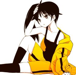  ahoge araragi_karen asymmetrical_hair black_hair brown_eyes commentary_request duplicate egg_(food) female food fried_egg hair_ornament hand_on_own_head hood hooded_track_jacket jacket long_hair monogatari_(series) nisemonogatari off_shoulder open_mouth side_ponytail sitting solo sorethroat track_jacket 