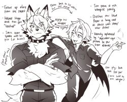  anthro butt_wings canid canine canis collar crossed_arms duo english_text hi_res hugo_vlad humanoid humanoid_pointy_ears lontongs male mammal mihoyo neck_tuft spiked_collar spikes text tuft vampire von_lycaon wings wolf zenless_zone_zero 