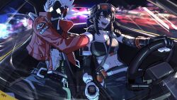  +_+ 1boy :d absurdres belt billy_kid black_hair car_interior commentary crop_top female goggles goggles_on_head grace_howard heartbreak_juan highres jacket midriff navel red_jacket smile sports_bra steering_wheel stomach white_belt white_hair zenless_zone_zero 