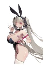  absurdres animal_ears azur_lane black_bow black_bowtie black_leotard black_nails bow bowtie breast_tattoo breasts butterfly_tattoo cleavage cowboy_shot detached_collar fake_animal_ears female formidable_(azur_lane) grey_hair hair_ribbon highleg highleg_leotard highres large_breasts leotard long_hair playboy_bunny rabbit_ears red_eyes ribbon senyee solo strapless strapless_leotard tattoo thighhighs twintails two-tone_ribbon wrist_cuffs 