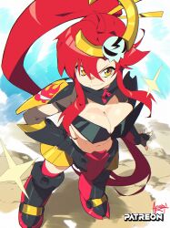  absurdres aetherion artist_name belly blue_sky breasts cleavage cosplay female gurren-lagann gurren-lagann_(cosplay) highres large_breasts long_hair looking_at_viewer looking_up navel ponytail red_hair sky solo sunglasses tengen_toppa_gurren-lagann_(mecha) tengen_toppa_gurren-lagann_(mecha)_(cosplay) tengen_toppa_gurren_lagann yellow_eyes yoko_littner 