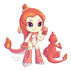  arm_at_side charmeleon chibi chibi_only chiuanzhang clenched_hand closed_mouth creature_and_personification female flame-tipped_tail full_body hair_bun leotard long_hair oerba_yun_fang orange_hair personification pokedex_number pokemon pokemon_(creature) red_leotard signature simple_background white_background 