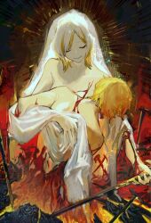  1boy blonde_hair blood_on_body crack cracked_floor faust_(project_moon) female fire halo highres holding holding_nail limbus_company multicolored_hair nail nishikujic nude project_moon short_hair sinclair_(project_moon) streaked_hair towel upper_body white_hair white_veil 