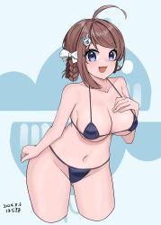  absurdres ahoge bikini blue_bikini braid braided_hair_rings breasts brown_hair chougei_(kancolle) cleavage collarbone cowboy_shot cropped_legs female grey_eyes hair_ornament hair_rings hairclip hamukiyo hand_on_own_chest highres kantai_collection large_breasts leaning_forward long_hair micro_bikini smile solo swimsuit twin_braids whale_hair_ornament 