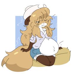  anthro averi_(fiddleafox) brown_body brown_fur canid canine clothing dipstick_tail female female_anthro fox fur gloves_(marking) guzzlord420 hair hat headgear headwear hi_res leg_markings looking_down mammal markings midriff pregnant simple_background sitting socks_(marking) solo tail tail_markings white_body white_fur 