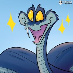  blue_body creativemechncs disney fangs feral gary_the_snake_(zootopia) green_background happy male missing_tooth one_fang open_mouth open_smile portrait reptile scales scalie signature simple_background smile snake solo sparkles teeth yellow_eyes zootopia zootopia_2 