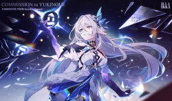  absurdres bare_shoulders breasts butterfly_hair_ornament chinese_commentary cleavage commentary_request constellation cowboy_shot crystal_shards dress english_text female genshin_impact glass_shards hair_between_eyes hair_ornament highres holding ikka_(theworl35753194) large_breasts long_hair looking_at_object looking_at_viewer object_floating_above_hand purple_hands red_eyes reflection skirk_(genshin_impact) sky solo star_(sky) starry_sky turning_head very_long_hair white_dress white_hair 
