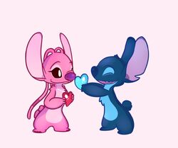  2020 alien angel_(lilo_and_stitch) antennae_(anatomy) back_markings big_ears blue_body blue_fur blue_nose canon_couple chest_markings digital_drawing_(artwork) digital_media_(artwork) disney duo experiment_(lilo_and_stitch) eyelashes fur happy heart_symbol hi_res holidays lilo_and_stitch looking_at_another markings multicolored_antennae notched_ear open_mouth open_smile pink_antennae pink_background pink_body pink_fur pupils purple_nose ryuko_rose sharing simple_background small_tail smile standing stitch_(lilo_and_stitch) tail two_tone_antennae valentine&#039;s_day white_markings white_pupils 