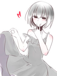  bare_shoulders black_dress black_eyes black_hair blush bob_cut clothes_lift dress dress_lift empty_eyes female hand_to_own_mouth heart light_smile looking_at_viewer loose_hair_strand monogatari_(series) oshino_ougi short_hair simple_background solo strap_slip t33h8703 upper_body white_background 