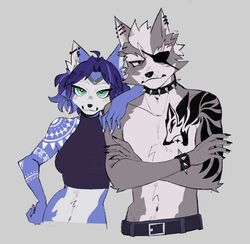  2023 5_fingers anthro anthro_on_anthro arm_on_shoulder arm_tattoo belt black_nose black_tattoo blue_body blue_fur bracelet breasts canid canine canis chest_tattoo claws clothed clothing collar crossed_arms duo ear_piercing ear_ring eye_patch eyewear female finger_claws fingers fox fur grey_body grey_fur hair hi_res humanoid_hands iglioatelle industrial_piercing jewelry krystal_(star_fox) kursed_(star_fox) male male/female mammal multicolored_body multicolored_fur navel nintendo piercing purple_hair ring_piercing shirt shoulder_tattoo spiked_bracelet spiked_collar spikes star_fox tank_top tattoo topless topless_anthro topless_male topwear two_tone_body two_tone_fur white_body white_fur white_hair white_tattoo wolf wolf_o&#039;donnell 