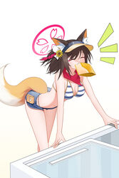  ^_^ absurdres animal_ears arm_support ass bent_over bikini black_hair blue_archive breasts cleavage closed_eyes commentary_request epitaph_(ryaf8834) eyeshadow female fox_ears fox_girl fox_tail hair_between_eyes hair_ornament halo happy highres izuna_(blue_archive) izuna_(swimsuit)_(blue_archive) looking_away makeup md5_mismatch medium_hair mouth_hold navel official_alternate_costume package pink_halo red_scarf refrigerator scarf short_shorts shorts sidelocks simple_background sleeveless smile solo stomach striped_bikini striped_clothes swimsuit tail visor_cap 