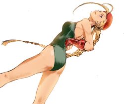  ahoge bare_shoulders beret blonde_hair blue_eyes braid breasts cammy_white commentary_request female gloves green_leotard hat huge_ahoge korean_commentary leotard long_hair red_gloves simple_background solo street_fighter takssmask thong_leotard twin_braids white_background 