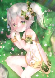  bare_shoulders blush closed_mouth commentary_request dress feet_out_of_frame female flower flower-shaped_pupils genshin_impact green_eyes green_hair grey_hair hair_between_eyes hands_up knee_up looking_at_viewer lying multicolored_hair nahida_(genshin_impact) on_grass on_side pointy_ears renew_vivi side_ponytail sleeveless sleeveless_dress solo streaked_hair symbol-shaped_pupils white_dress white_flower 