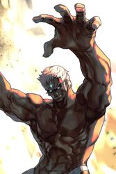  1boy abs aegis_reflector biceps blue_eyes curly_hair dark-skinned_male dark_skin forehead_jewel grin hungry_clicker male_focus male_swimwear manly muscular muscular_male outstretched_arms pectorals sideburns simple_background smile solo street_fighter street_fighter_iii_(series) thong topless_male upper_body urien white_hair 