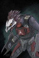  2:3 3_fingers akilae06 alien ambiguous_gender anthro armor avian avian_caruncle beak body_armor breastplate brown_body brown_feathers claws clothed clothing codpiece colored cuirass cuisse fangs feather_hair feathered_crest feathers finger_claws fingers grey_body grey_skin halo_(series) head_crest head_down hi_res holding_object holding_shield kig-yar microsoft open_mouth pseudo_hair scalie shaded shield solo spread_legs spreading t&#039;vaoan teeth tongue topwear vest xbox_game_studios yellow_eyes 