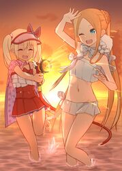  2girls abigail_williams_(fate) abigail_williams_(swimsuit_foreigner)_(fate) abigail_williams_(swimsuit_foreigner)_(third_ascension)_(fate) absurdres bare_shoulders beach bikini blonde_hair blue_eyes blush bonnet bow breasts cape casual_one-piece_swimsuit closed_eyes covered_navel dress_swimsuit fate/grand_order fate_(series) forehead highres hose hose_nozzle illyasviel_von_einzbern illyasviel_von_einzbern_(swimsuit_archer) illyasviel_von_einzbern_(swimsuit_archer)_(second_ascension) inflatable_armbands kopaka_(karda_nui) long_hair magical_ruby miniskirt multiple_girls navel ocean one-piece_swimsuit one_eye_closed open_mouth orange_sky outdoors parted_bangs red_bow red_headwear red_one-piece_swimsuit shore sidelocks skirt sky small_breasts smile star_(symbol) star_print sunset swimsuit thighs twintails very_long_hair visor_cap white_bikini white_hair white_headwear 