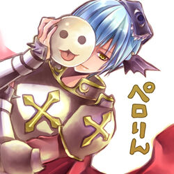  1boy armor black_wings blue_hair book book_on_head breastplate cape closed_mouth commentary_request cross demon_wings dutch_angle gauntlets head_wings holding holding_mask looking_at_viewer lord_knight_(ragnarok_online) lowres male_focus mask object_on_head pauldrons ragnarok_online red_cape rideword_(ragnarok_online) riuhi short_hair shoulder_armor simple_background smile solo spiked_gauntlets translation_request upper_body white_background wings yellow_eyes 