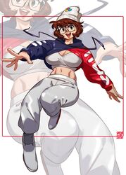  breasts brown_eyes brown_hair cleavage cropped_hoodie edie_crop_hoodie english_commentary female fila glasses highres hood hoodie large_breasts meme_attire navel open_hand open_mouth original snowcie snowciel_(snowcie) solo zoom_layer 